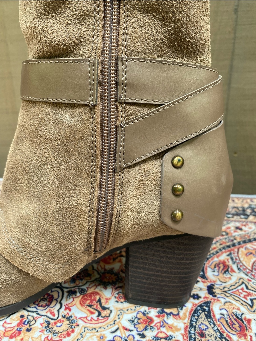 Fergie Taupe Suede Knee-High Block Heel Boots - Picture 7 of 14